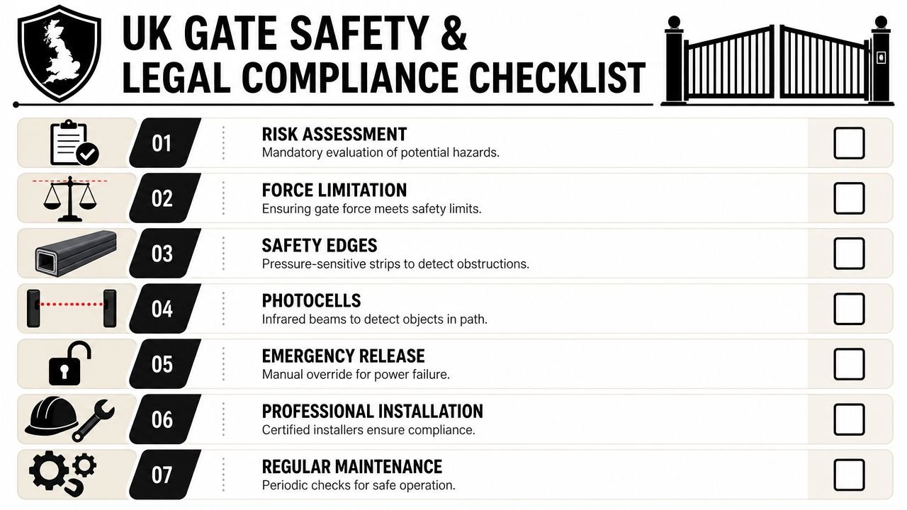 A safety and legal compliance checklist for automated gates in the UK, highlighting seven essential safety measures.