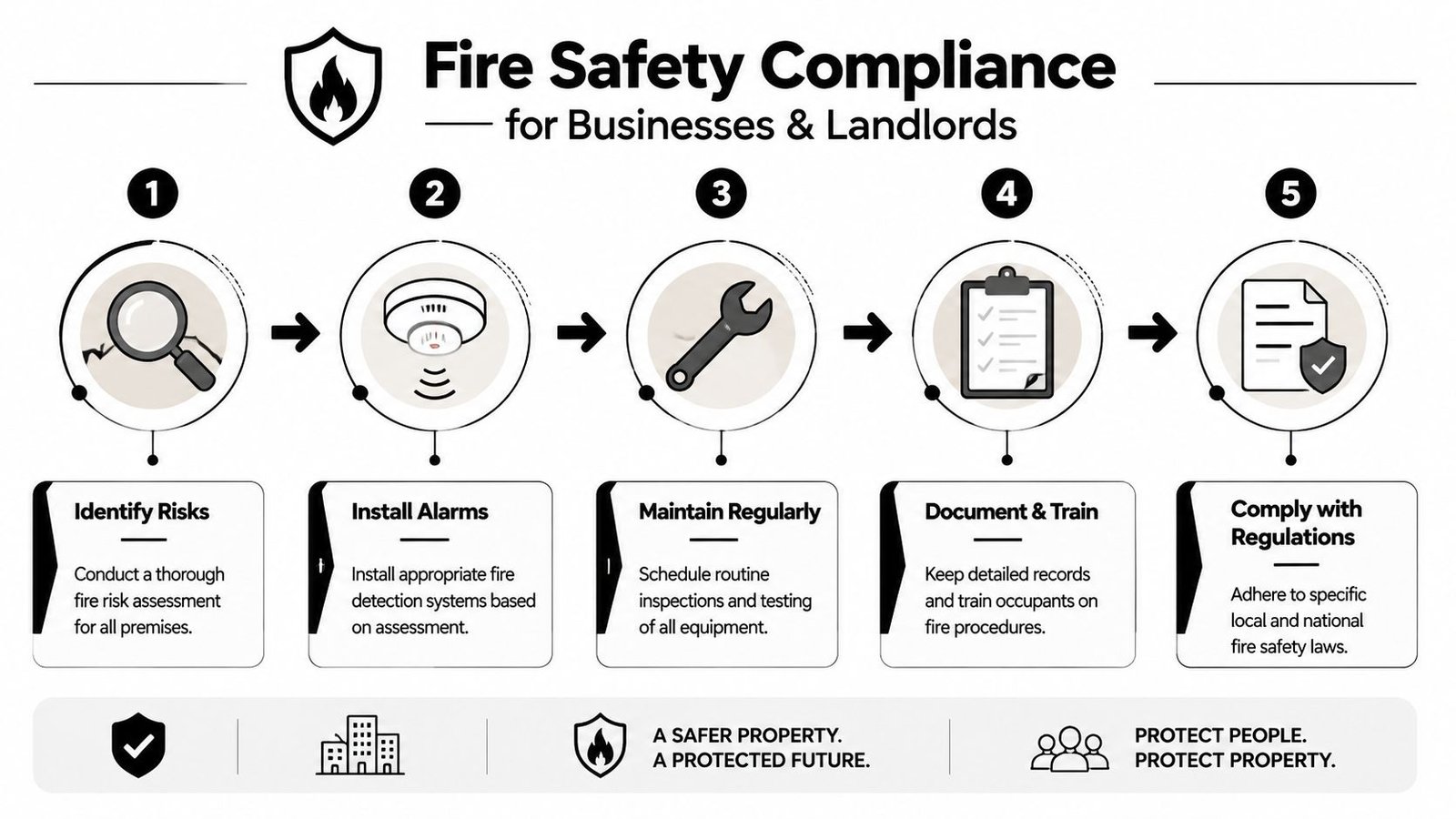 A flowchart infographic showing five steps for businesses and landlords to ensure fire safety compliance.