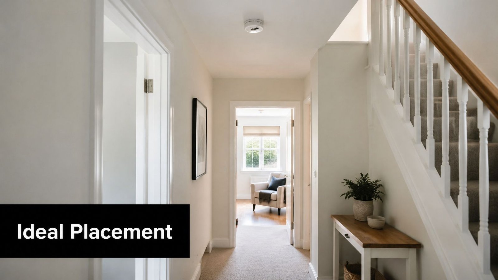 A modern home hallway featuring a white smoke detector mounted on the ceiling for safety.