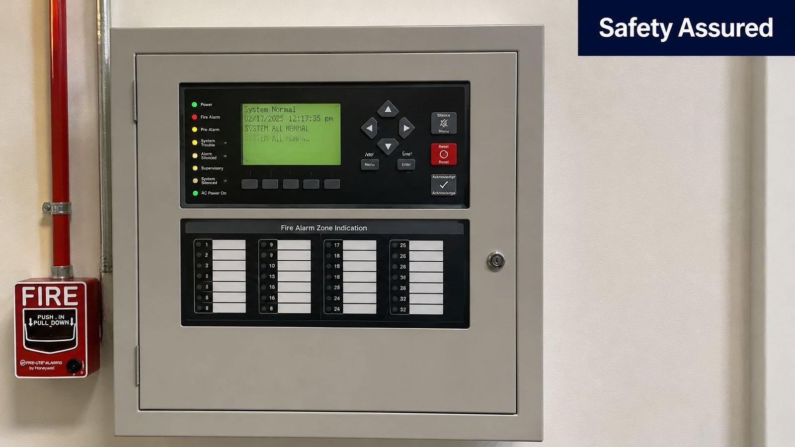 A gray wall-mounted fire alarm control panel displaying system normal status with a manual pull station alongside.