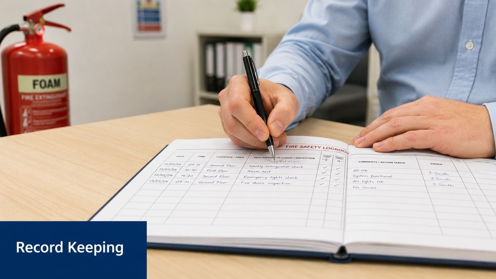A person writing in a fire safety logbook on a wooden desk next to a foam fire extinguisher.
