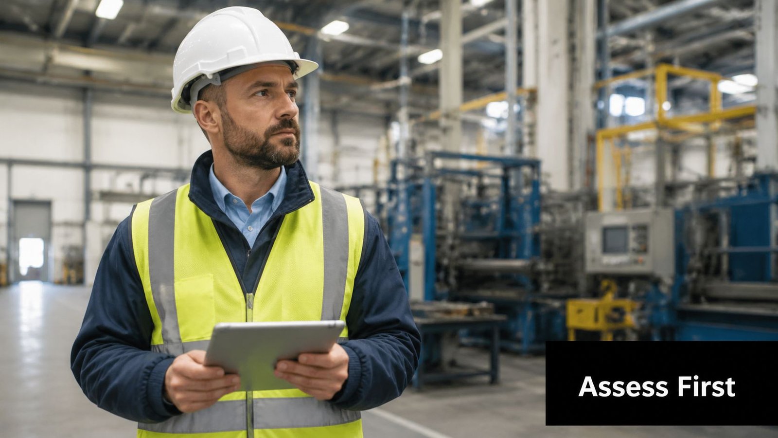 A professional construction engineer in a hard hat and high-visibility vest holding a tablet in a factory.