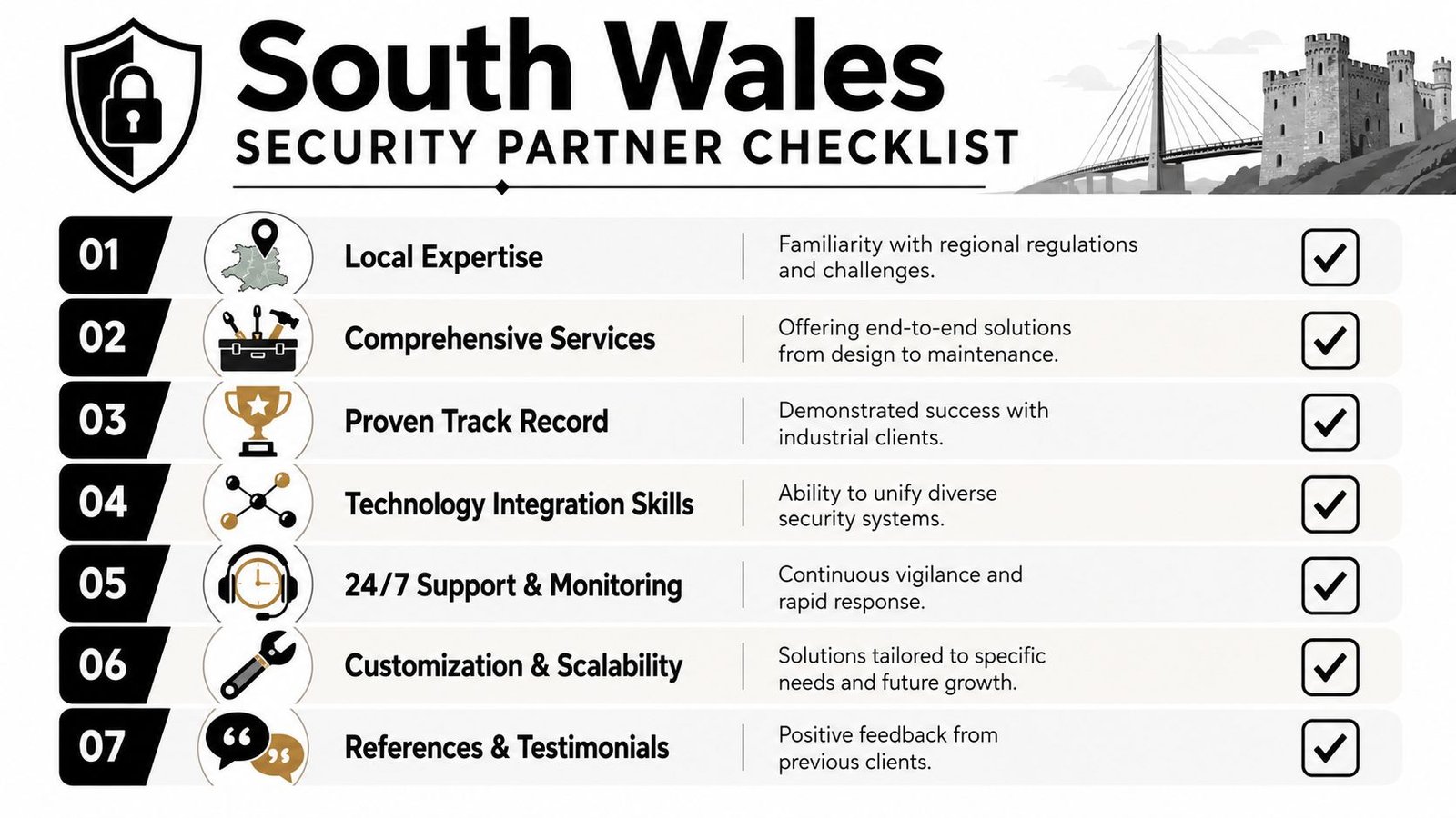 A checklist for selecting industrial security partners in South Wales, featuring seven key service criteria.