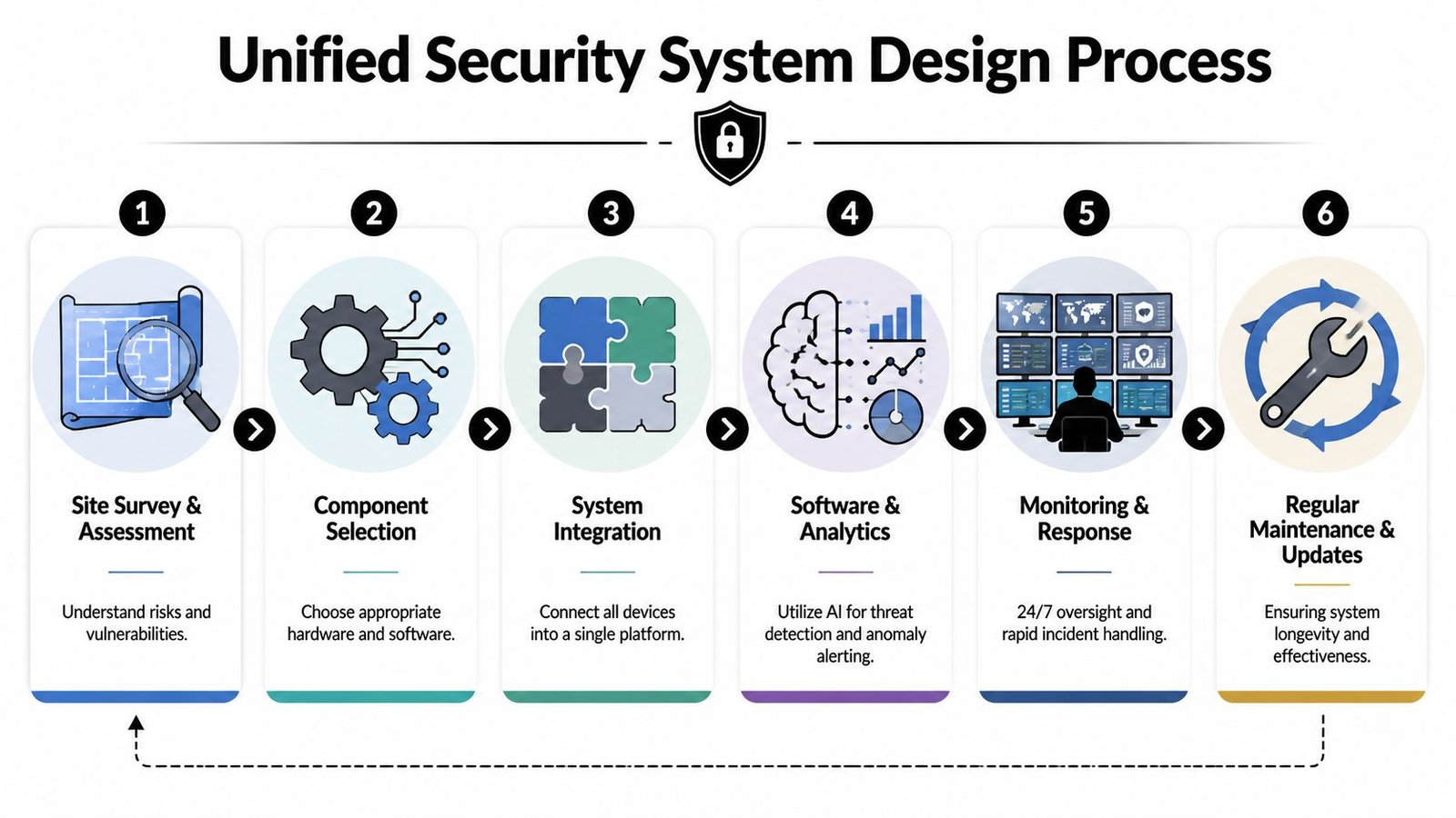 A diagram illustrating the six-step process for designing a comprehensive and unified security system architecture.