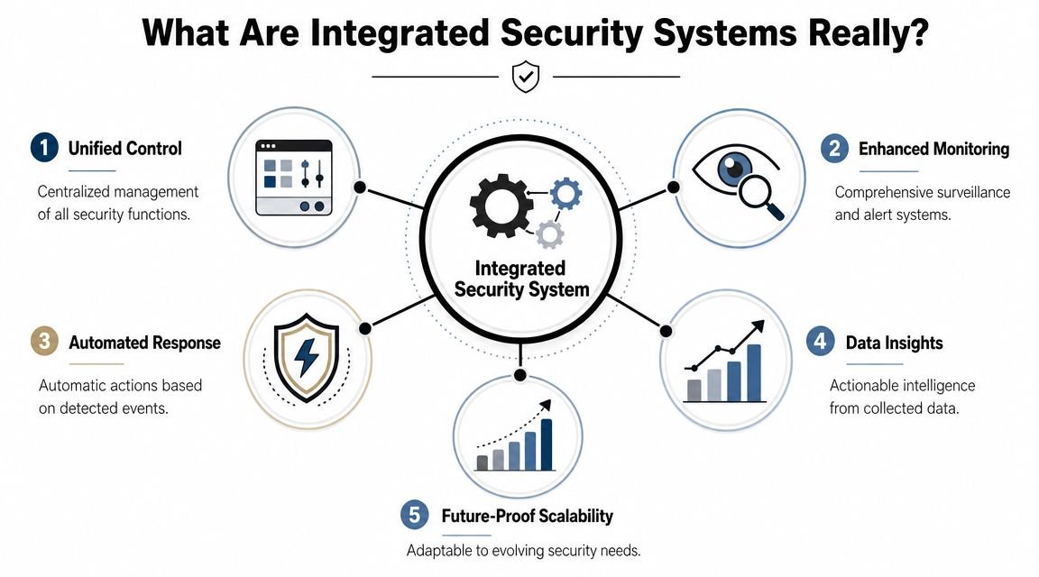 A diagram illustrating the five core components of an integrated security system including control and scalability.