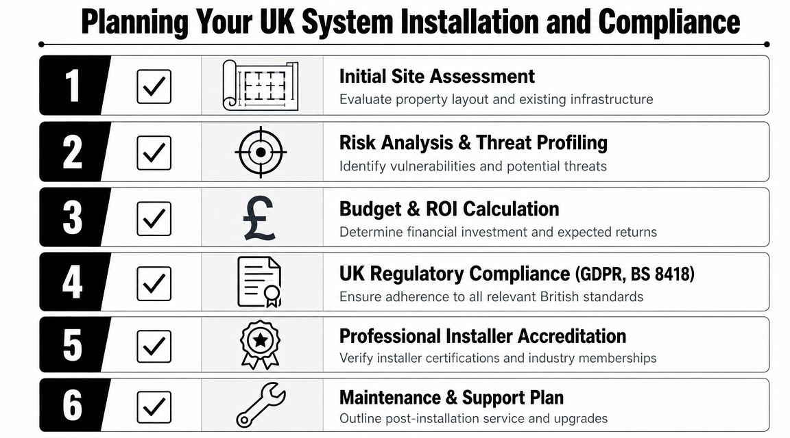 A checklist infographic detailing six essential steps for planning a compliant UK security system installation.