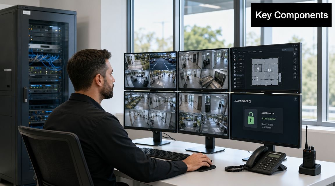 A security professional monitoring multiple camera feeds and access control systems at a workstation in an office.