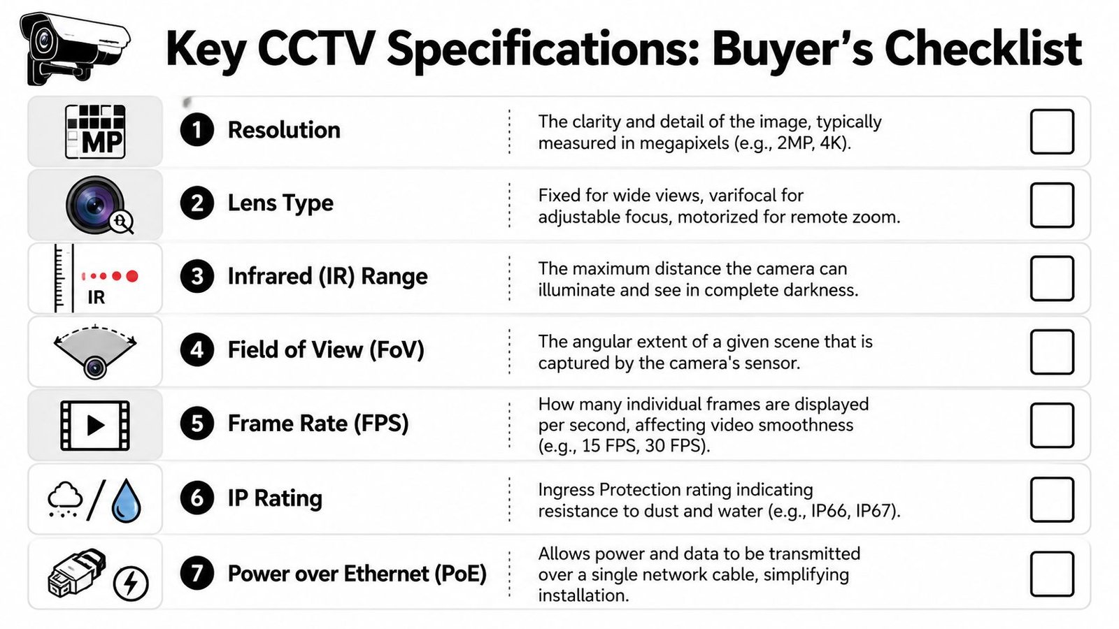 A checklist of seven essential CCTV camera specifications including resolution, lens type, IR range, and power options.
