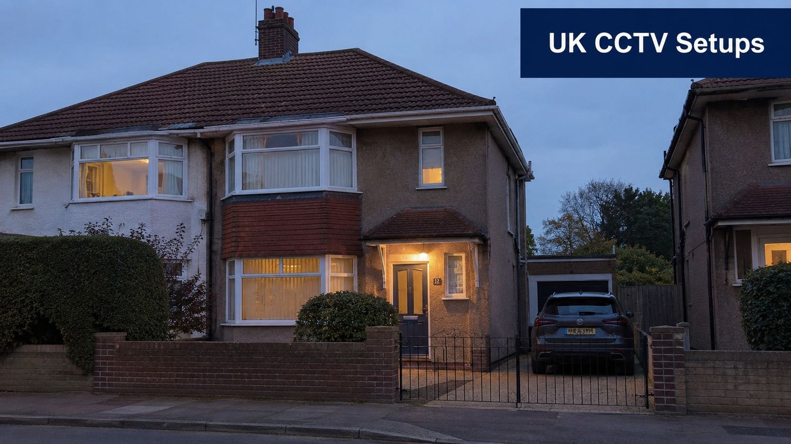 A semi-detached residential house in the UK at dusk, featuring driveway parking and external home lighting.