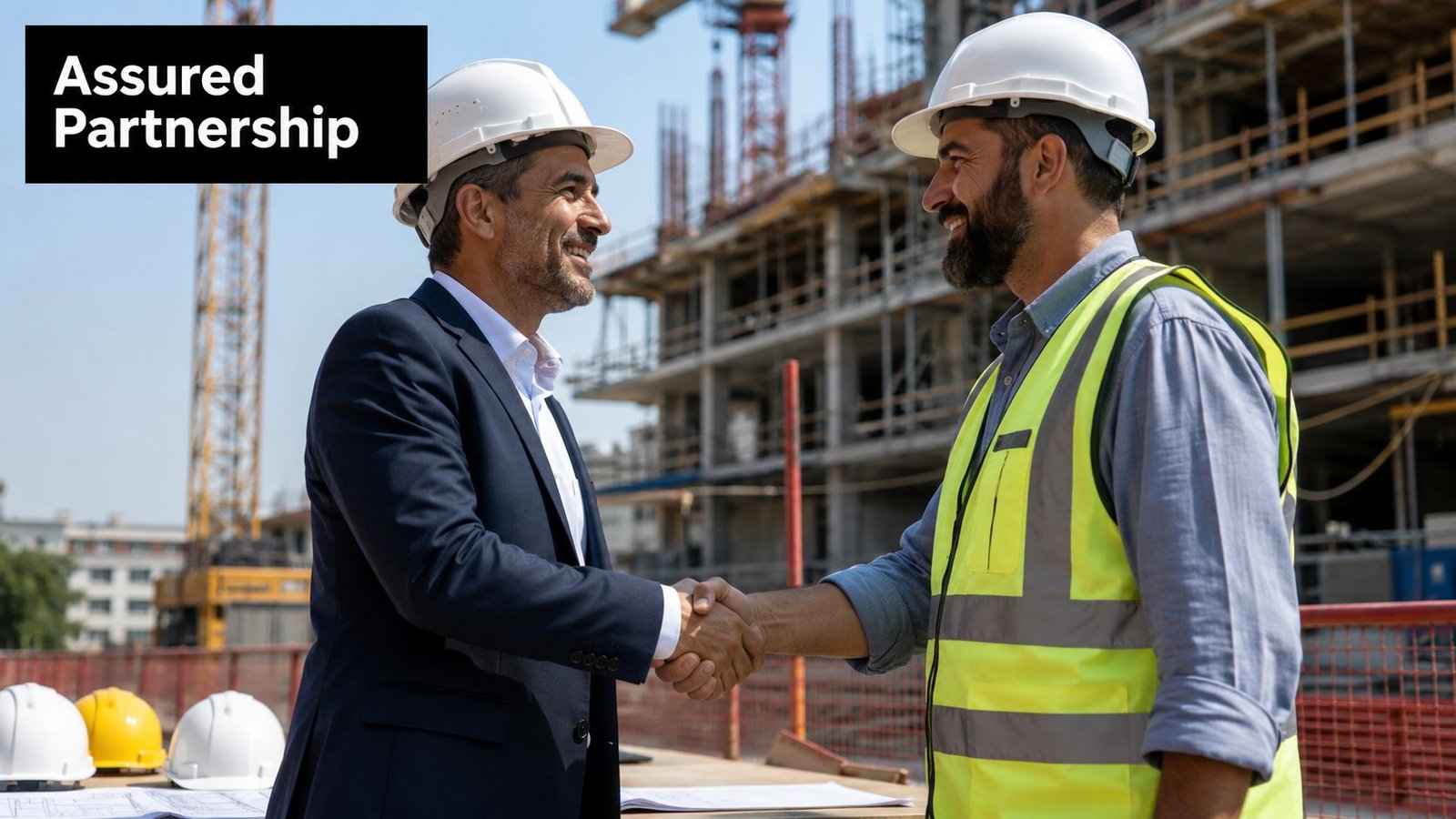 A professional man in a suit and a construction worker in a high-visibility vest shaking hands.