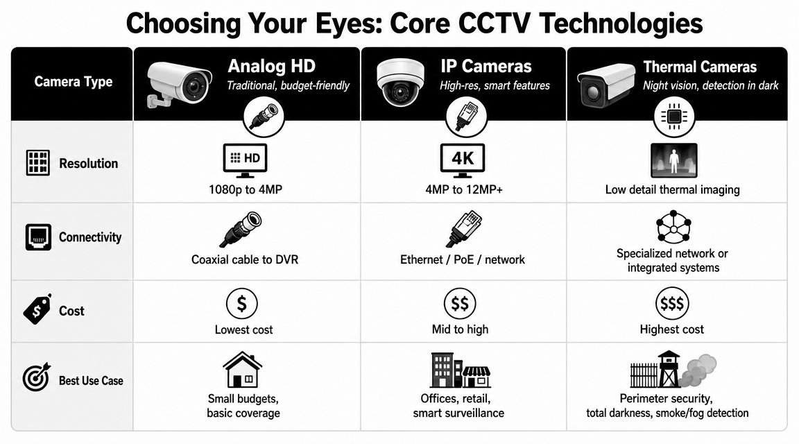 A comparison chart outlining the differences between Analog HD, IP, and Thermal CCTV surveillance camera technologies.