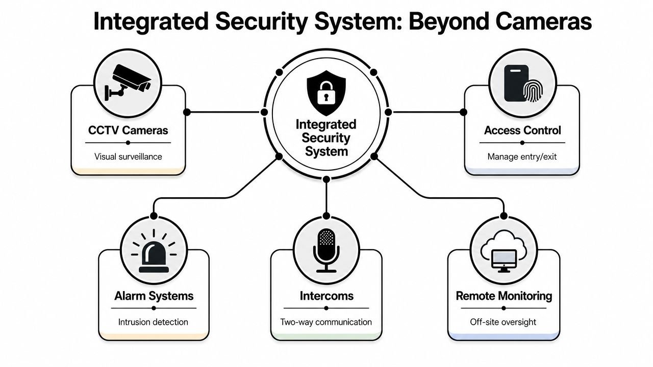 A diagram illustrating an integrated security system connecting CCTV, access control, alarms, intercoms, and remote monitoring components.