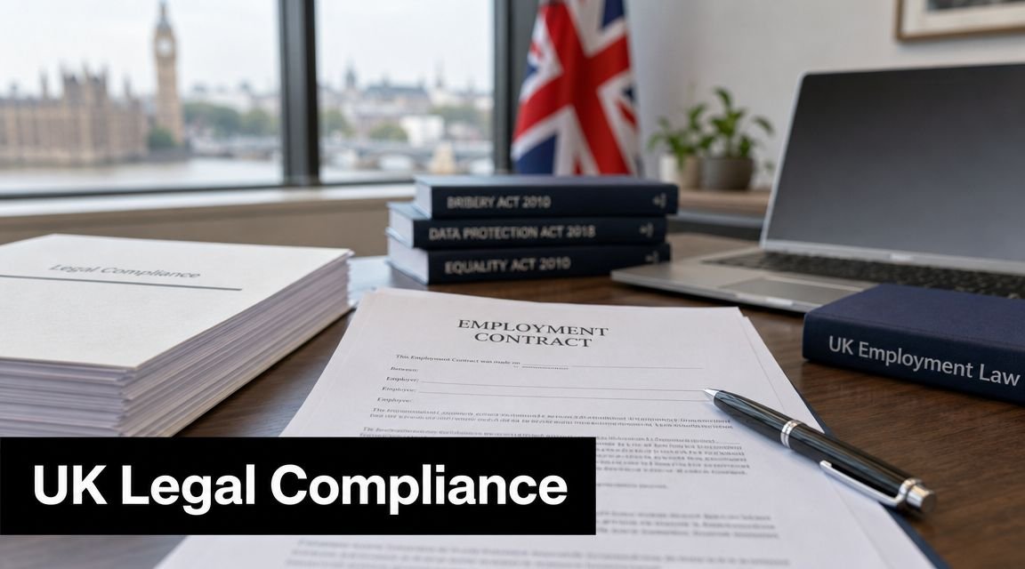 A professional office desk with UK legal documents, an employment contract, and a laptop overlooking London.
