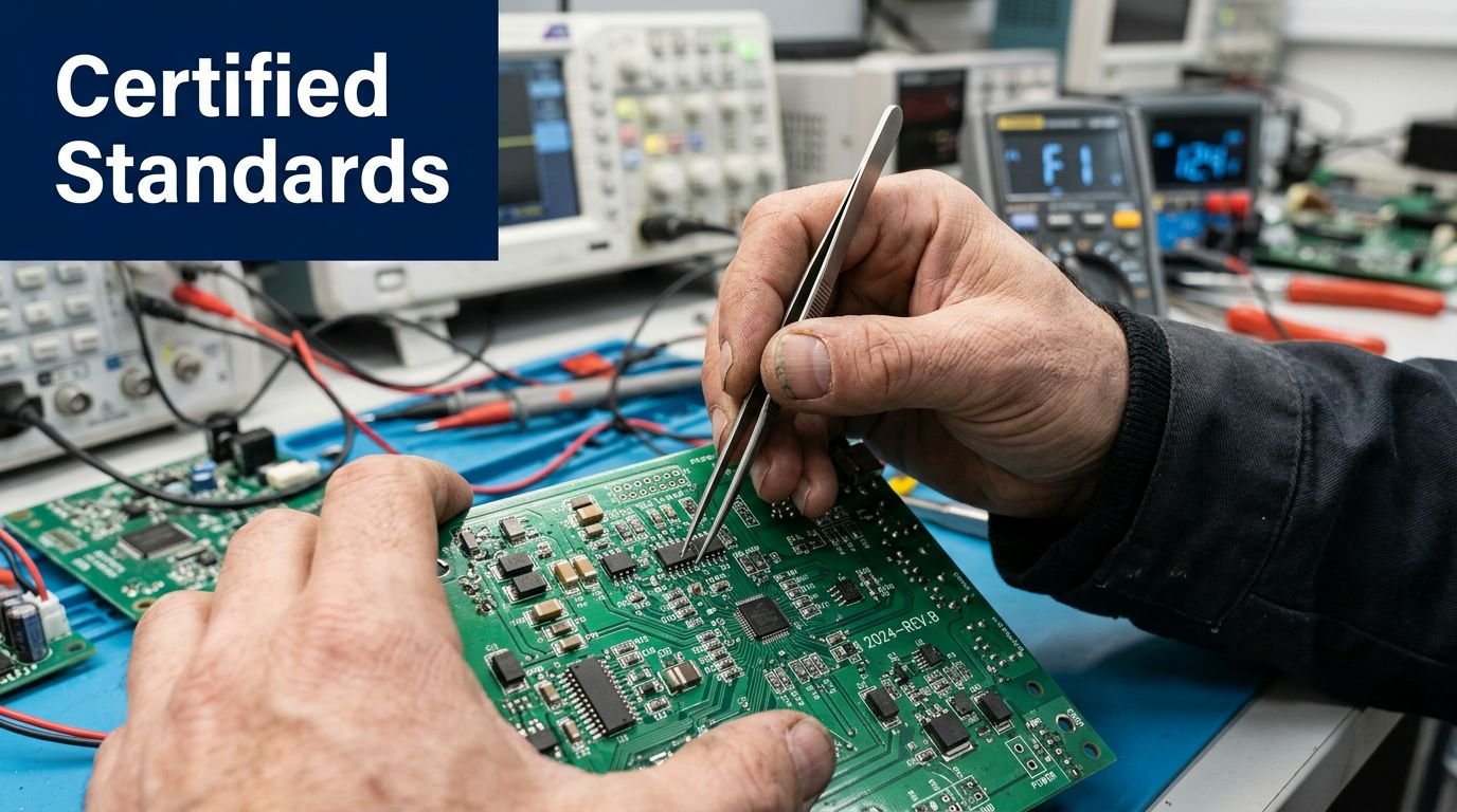 A technician carefully uses metal tweezers to handle a small electronic component on a green circuit board.