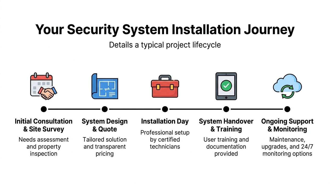 A diagram illustrating the five-step process of a security system installation journey for residential or business properties.