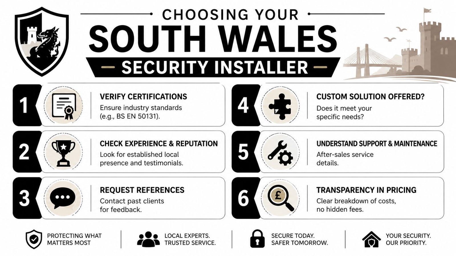 An infographic detailing six essential steps for choosing a professional security installer in South Wales.
