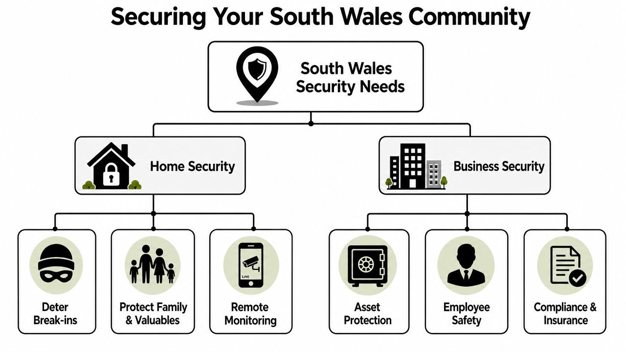 A diagram illustrating home and business security services tailored to the needs of the South Wales community.