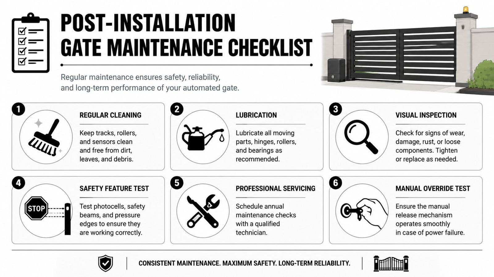 A professional infographic titled Post-Installation Gate Maintenance Checklist, showing six essential steps for maintaining automated security gates.