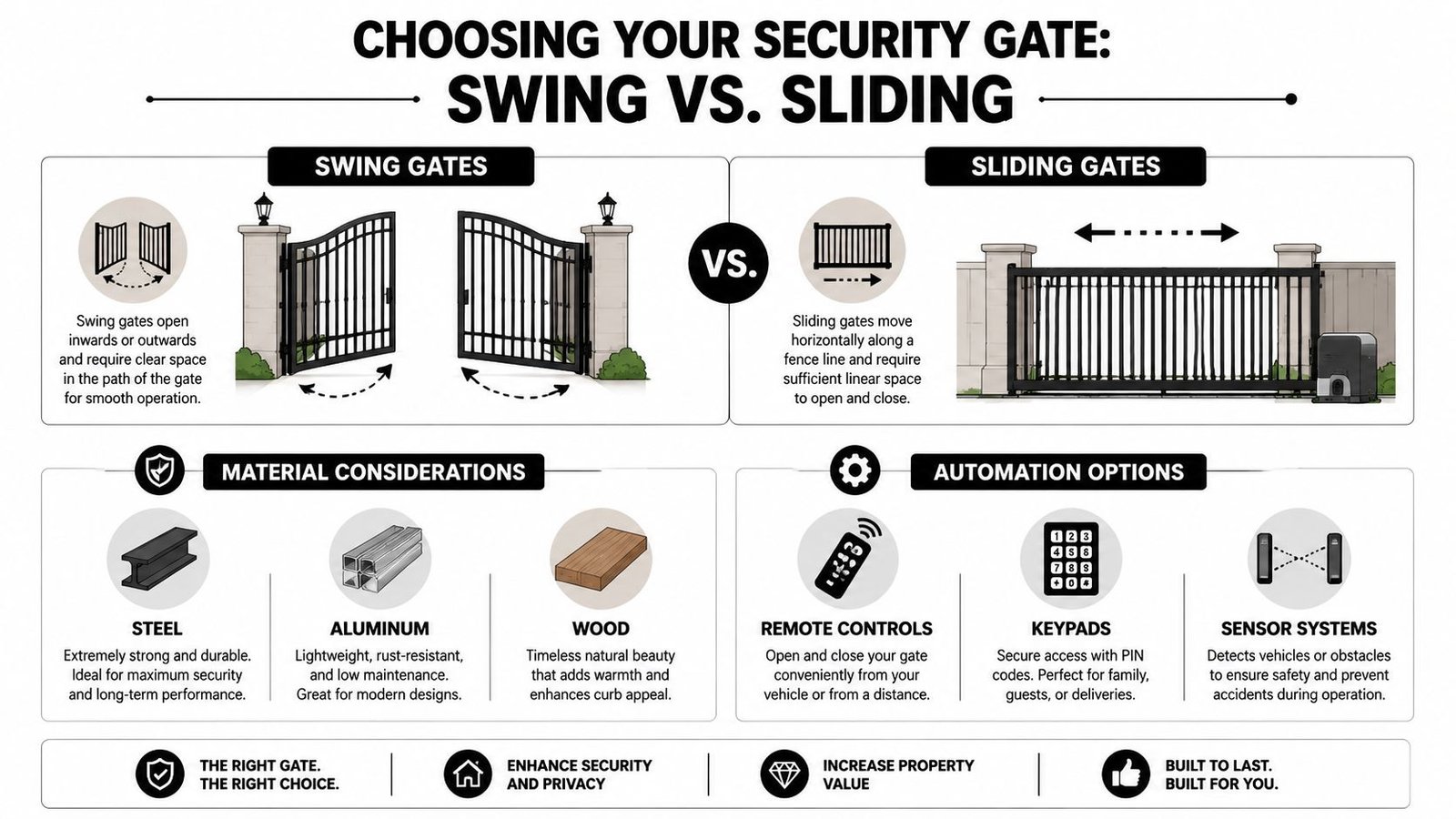 An infographic comparing swing and sliding security gates, covering materials, automation options, and key installation considerations.