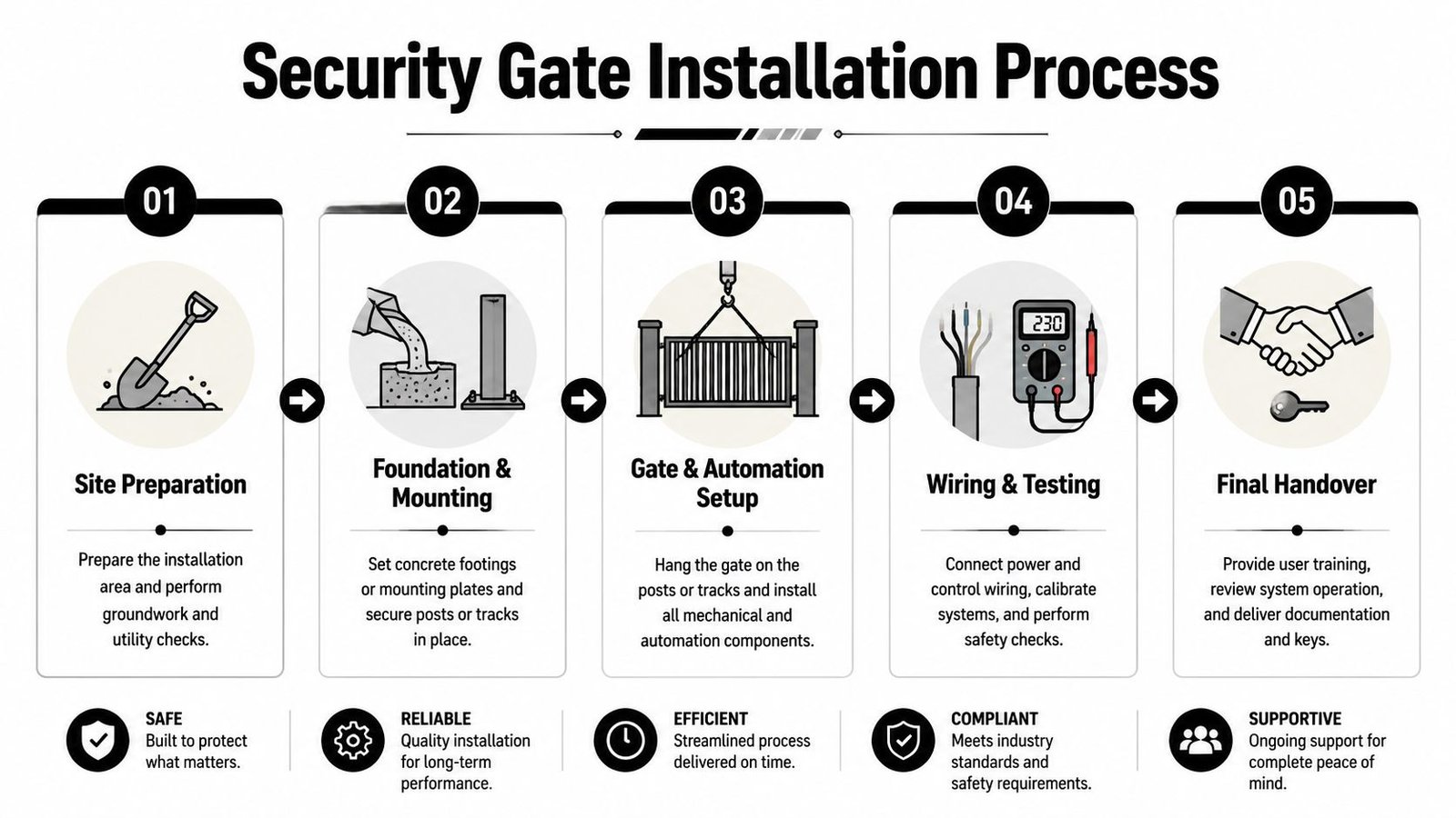 A step-by-step infographic illustrating the five essential stages of a professional security gate installation process.