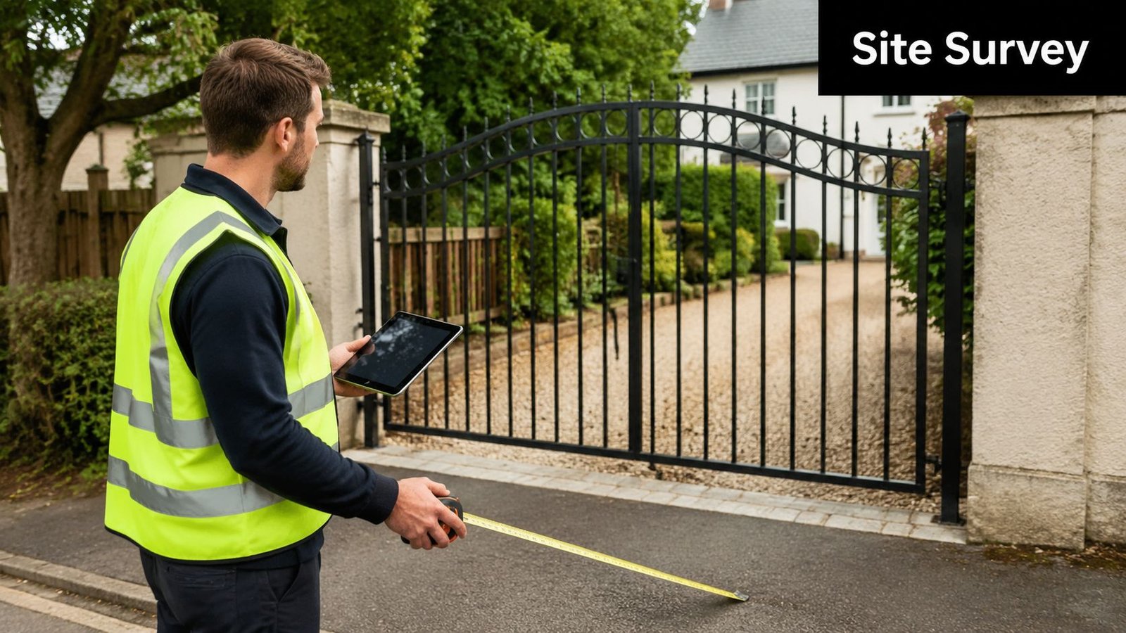A professional surveyor in a high-visibility vest measuring a driveway in front of large black security gates.