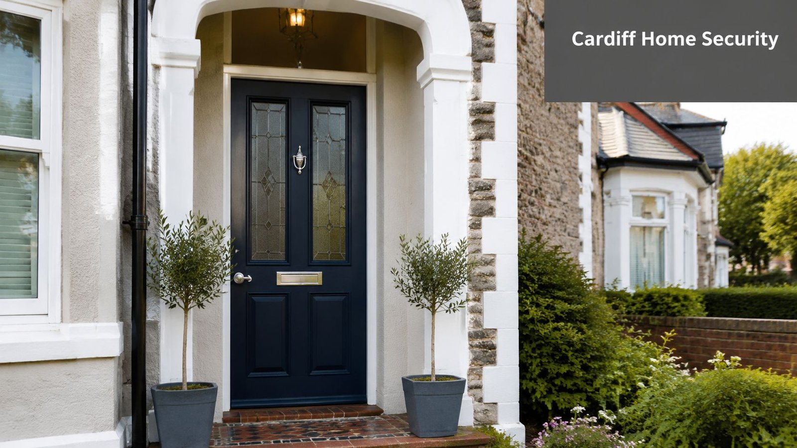 A modern dark blue front door with glass panels and two small potted olive trees.