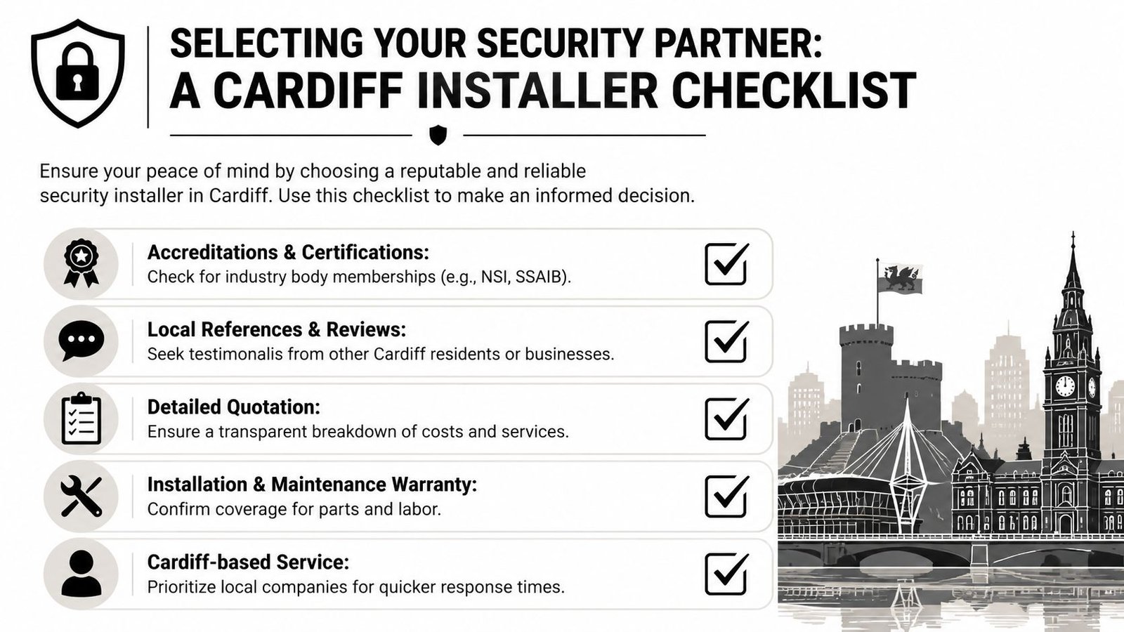 A helpful checklist for selecting a reputable and reliable security system installer in Cardiff, Wales.