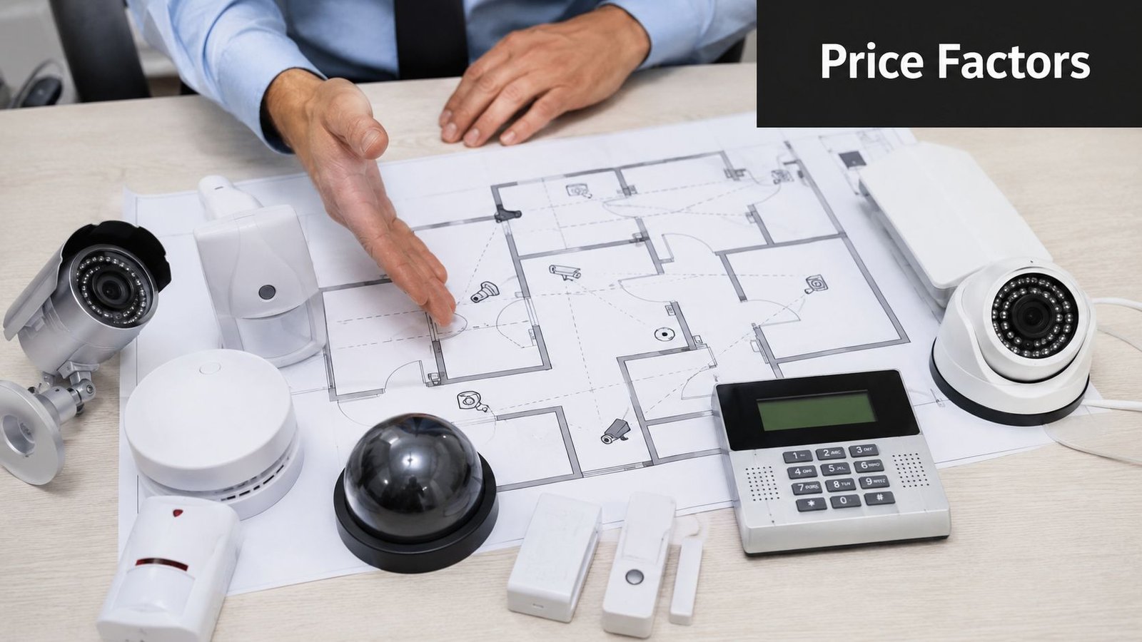 A professional analyzing a floor plan blueprint with various security cameras and home alarm system equipment.