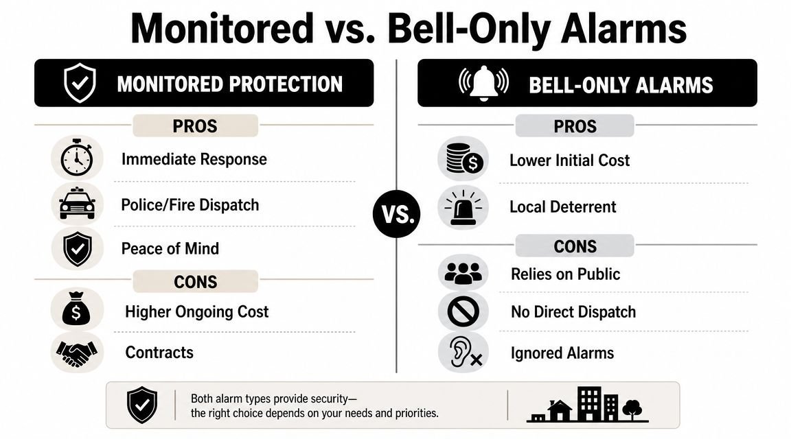 A comparison chart outlining the pros and cons of monitored security protection versus bell-only alarm systems.