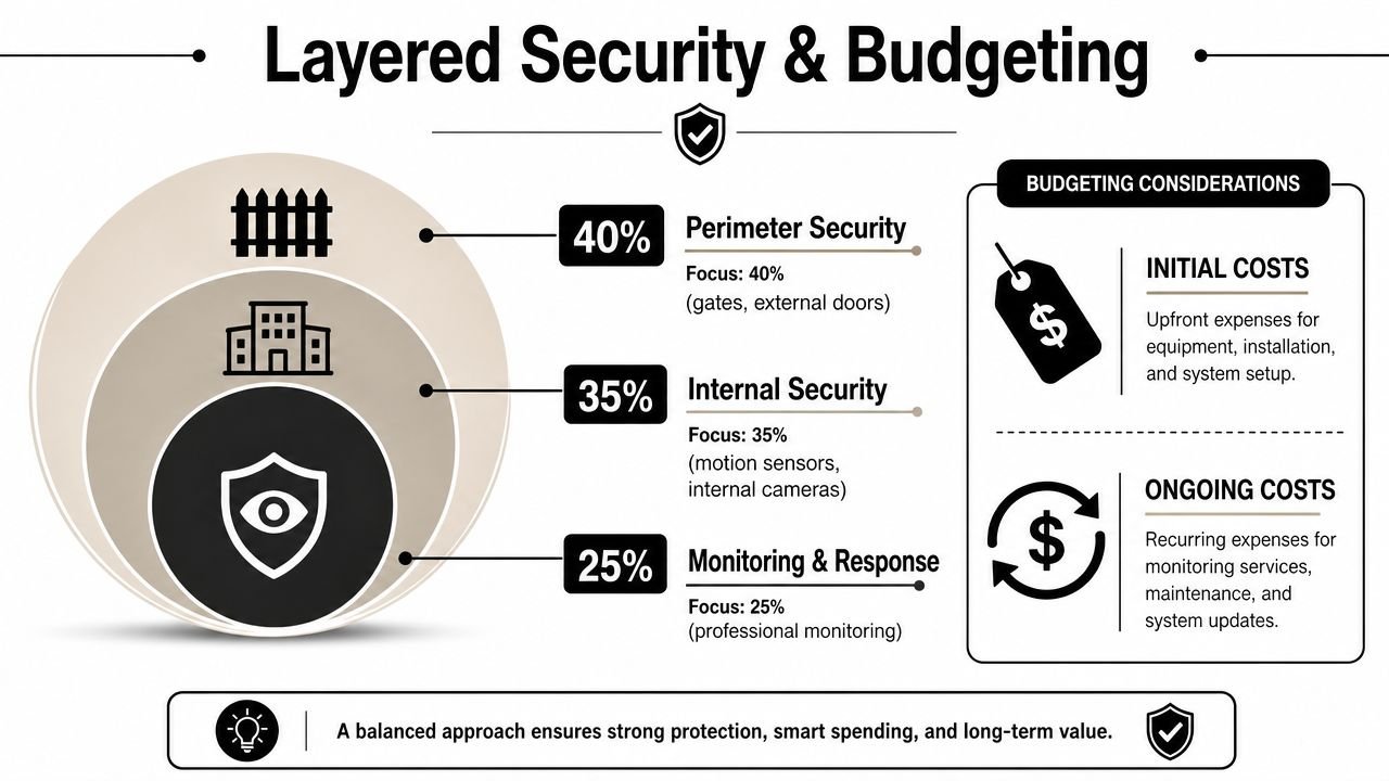 A diagram illustrating the layered security approach and budgeting considerations for comprehensive business protection systems.