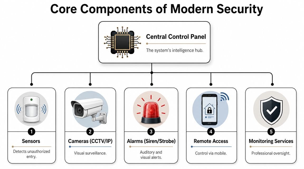 A diagram illustrating the five core components of modern security systems, including sensors, cameras, alarms, remote access, and monitoring.