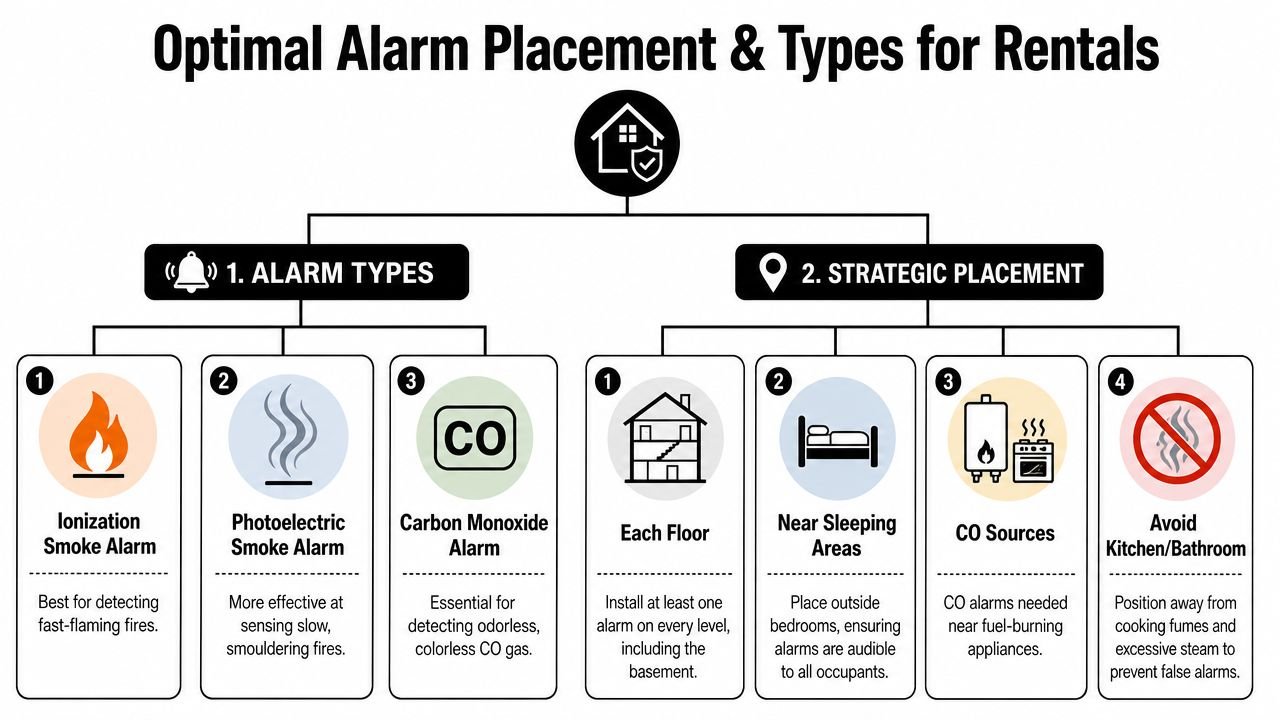 An infographic showing optimal smoke and carbon monoxide alarm types and strategic placement for rental properties.