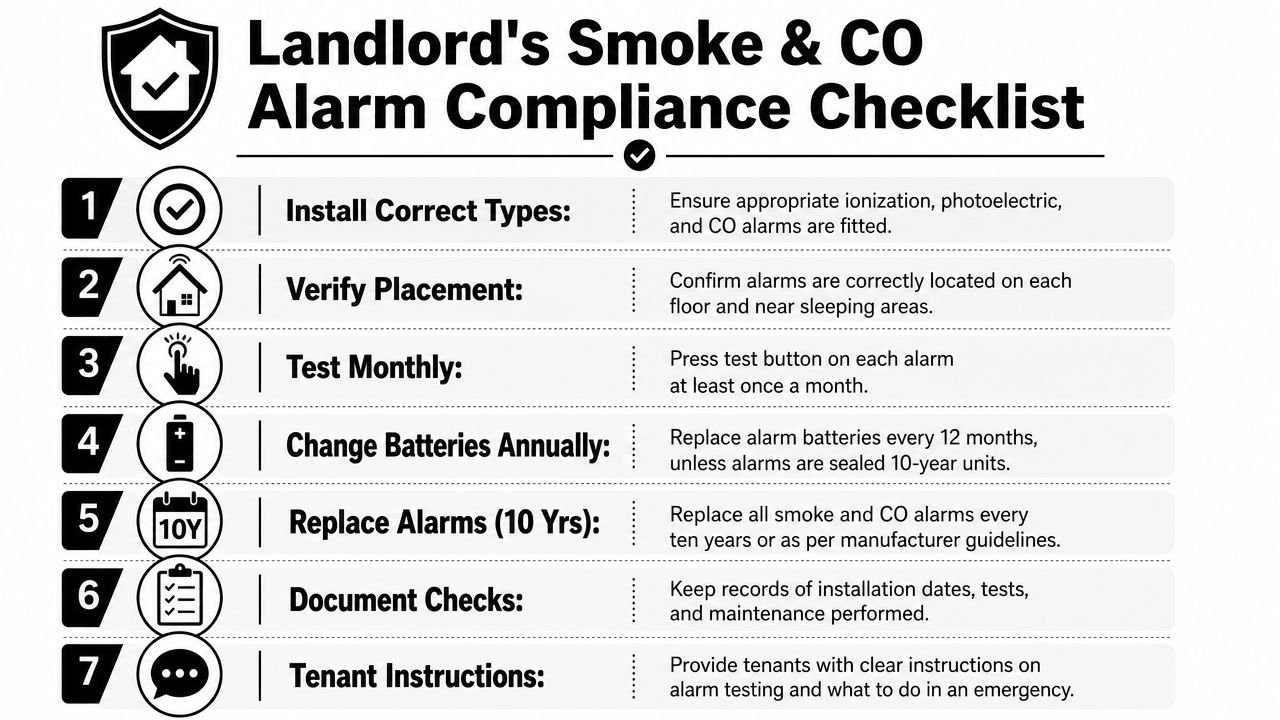 A seven-step compliance checklist for landlords to properly maintain smoke and carbon monoxide alarms in rental properties.