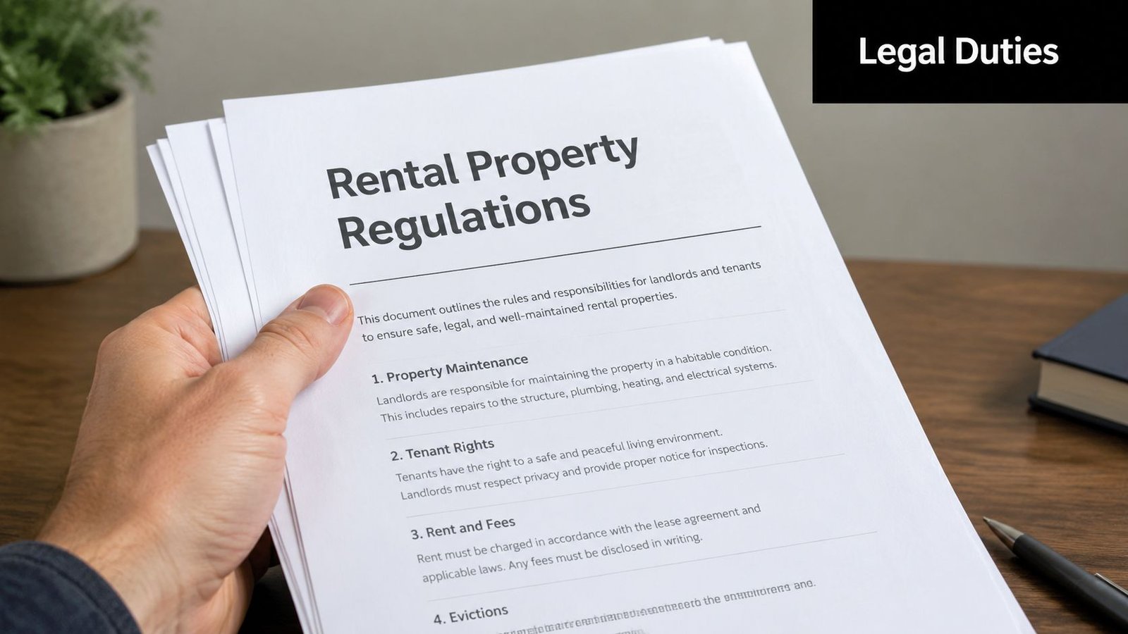 A person holds a paper document titled Rental Property Regulations detailing legal duties for landlords and tenants.