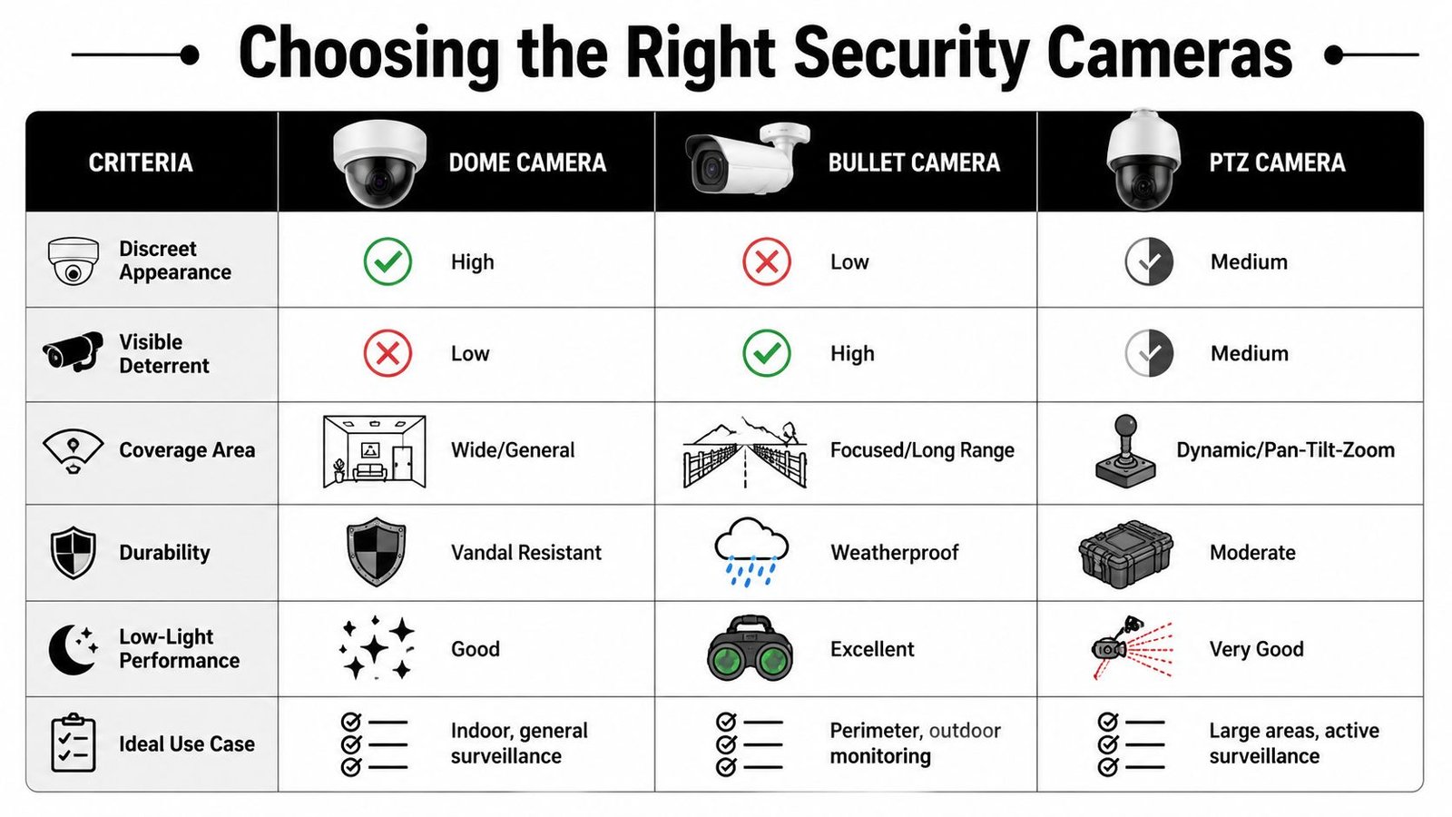 A comparison chart outlining the features and ideal use cases for dome, bullet, and PTZ security cameras.