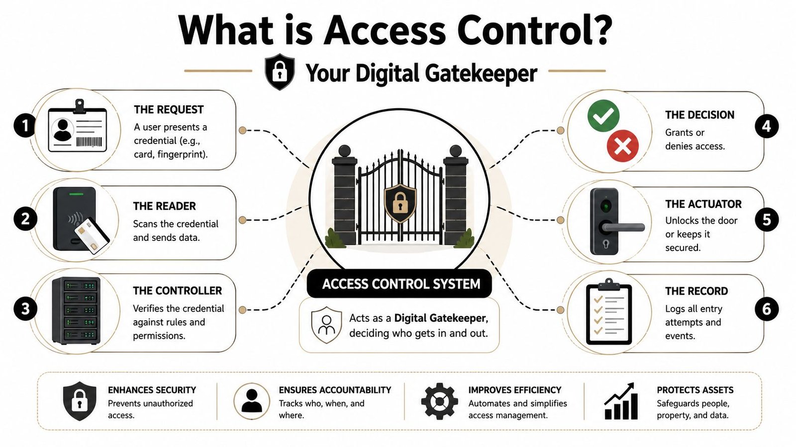 A diagram illustrating the six-step workflow of an access control system functioning as a digital gatekeeper.
