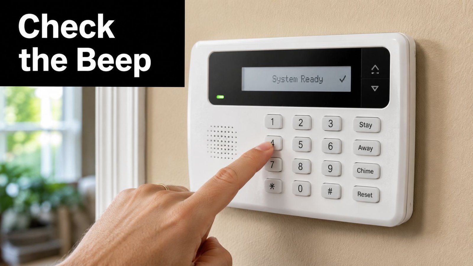 A close-up view of a person using their finger to press a button on a home alarm panel.