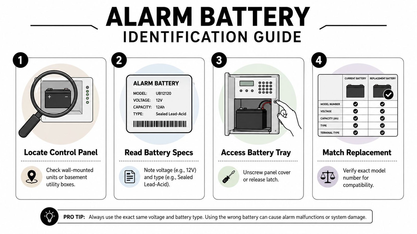 An infographic showing a four-step guide on how to identify and replace an alarm system battery.
