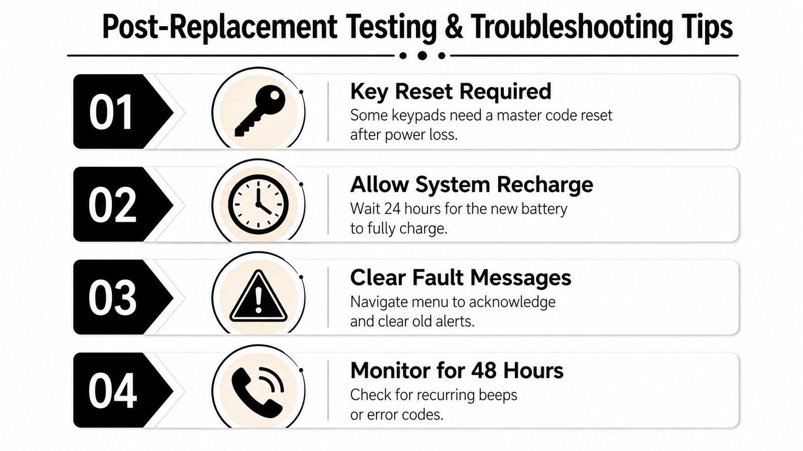 An infographic titled Post-Replacement Testing and Troubleshooting Tips with four numbered steps for alarm systems.