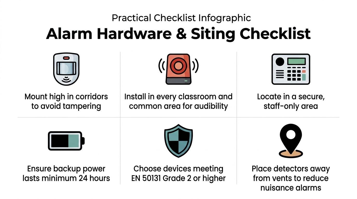An infographic titled Alarm Hardware and Siting Checklist with icons and tips for installing school security systems.
