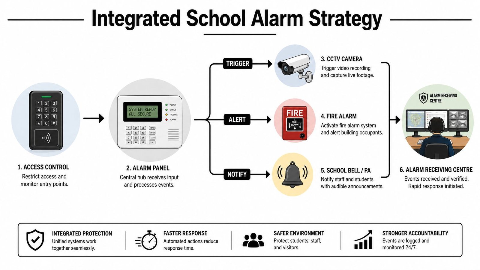 A diagram illustrating an integrated school alarm strategy with access control, alarm panels, and automated response systems.