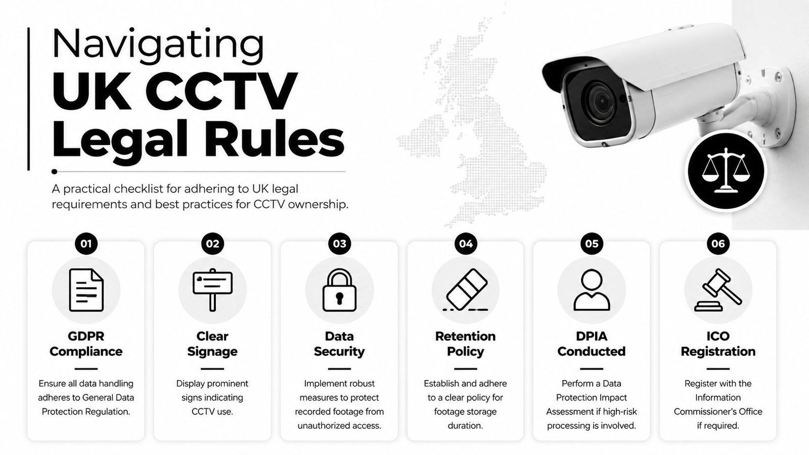 An infographic titled Navigating UK CCTV Legal Rules detailing six essential compliance steps for CCTV system owners.