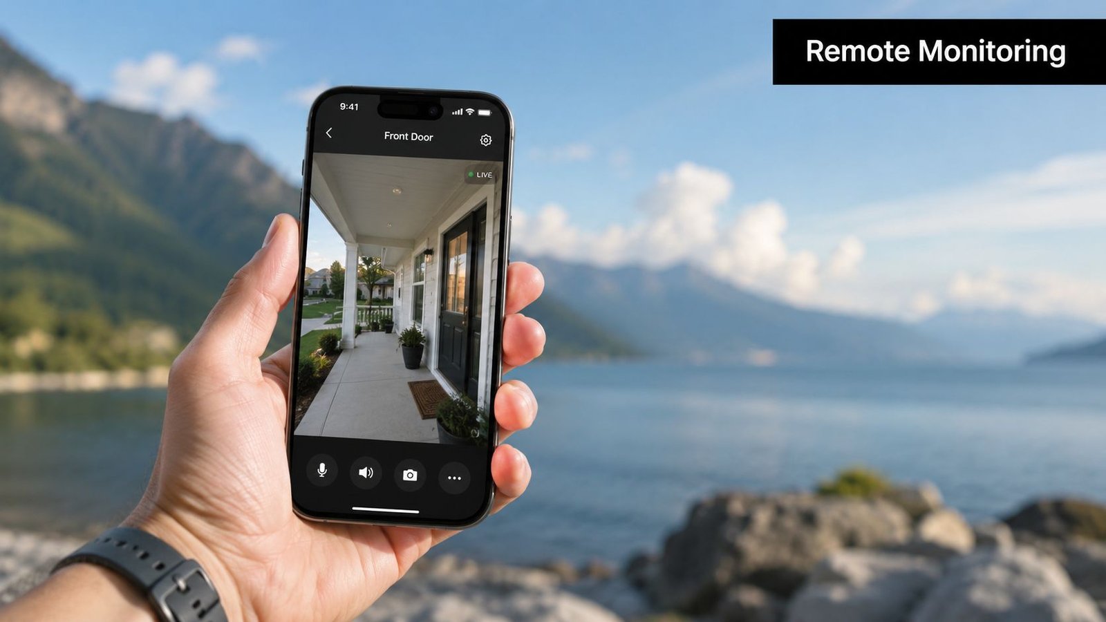A hand holding a smartphone displaying a live feed from a home security camera on screen.