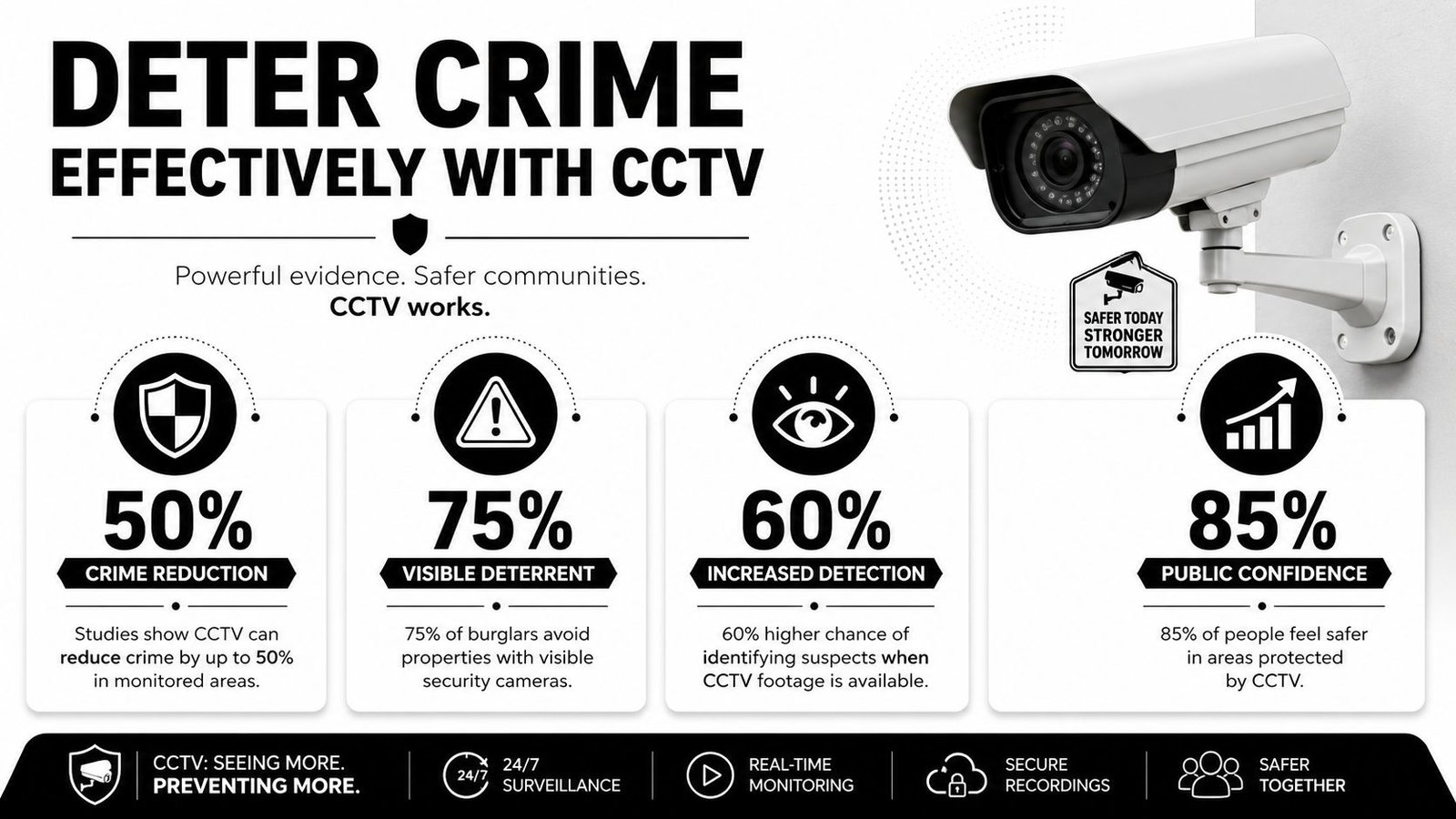 An infographic displaying statistics about the benefits of CCTV security cameras in crime reduction and public safety.