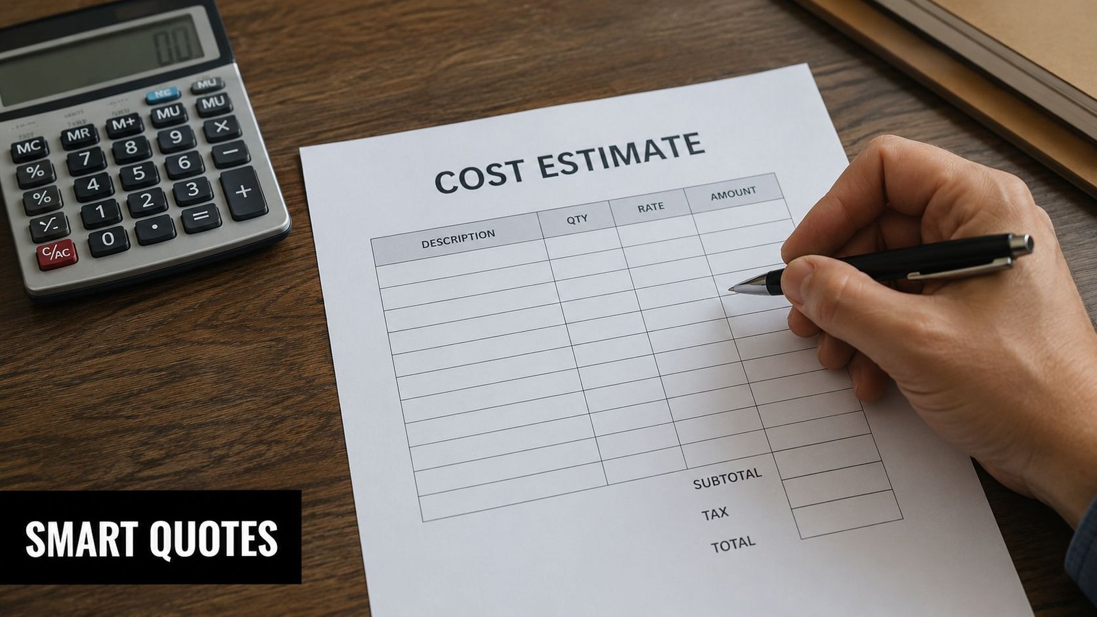 A person holding a pen over a blank cost estimate form next to a calculator.