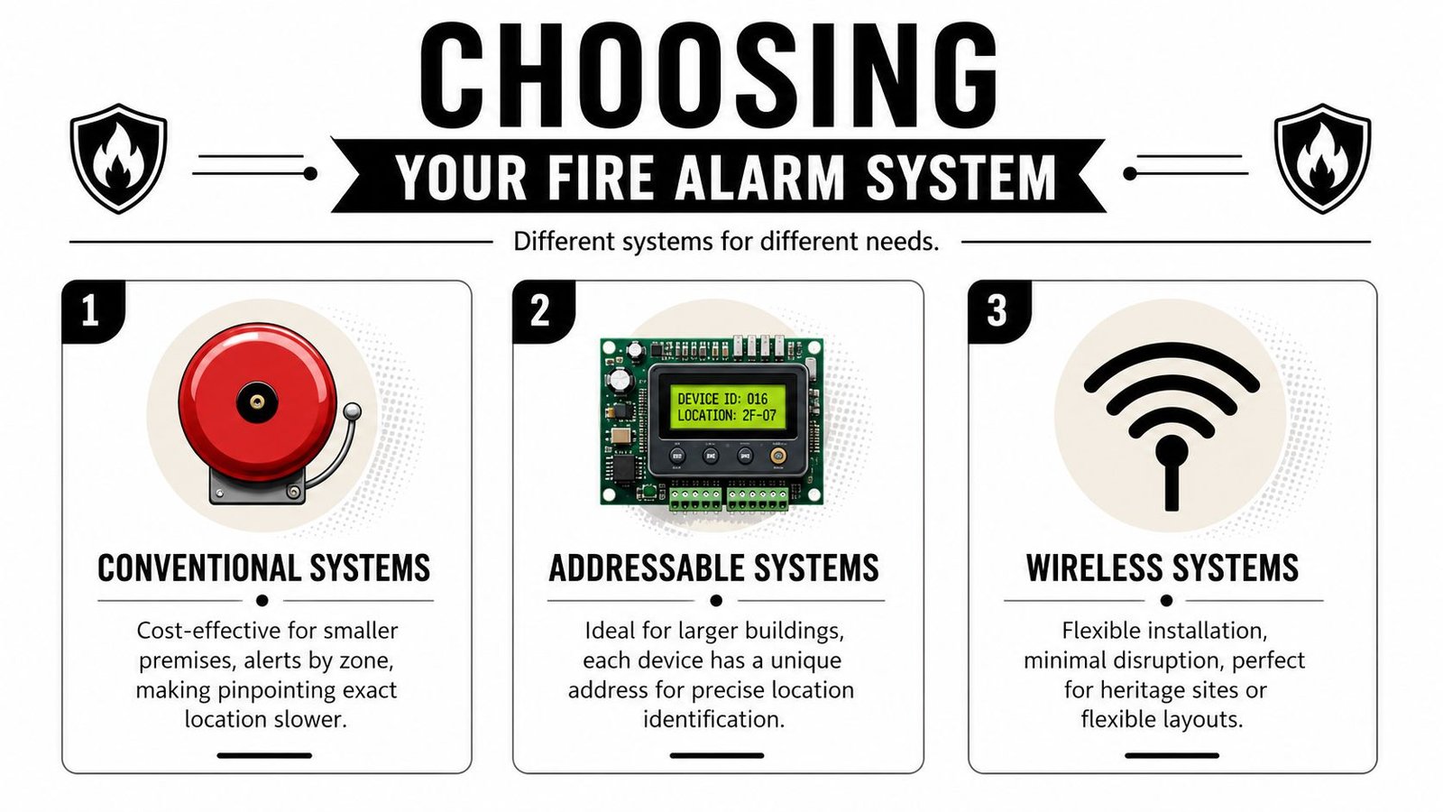 An infographic comparing three types of fire alarm systems: conventional, addressable, and wireless for different building needs.