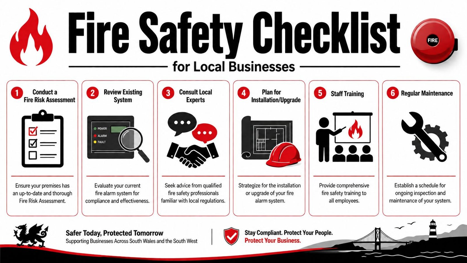 A six-step fire safety checklist for local businesses to ensure compliance and protection for employees.