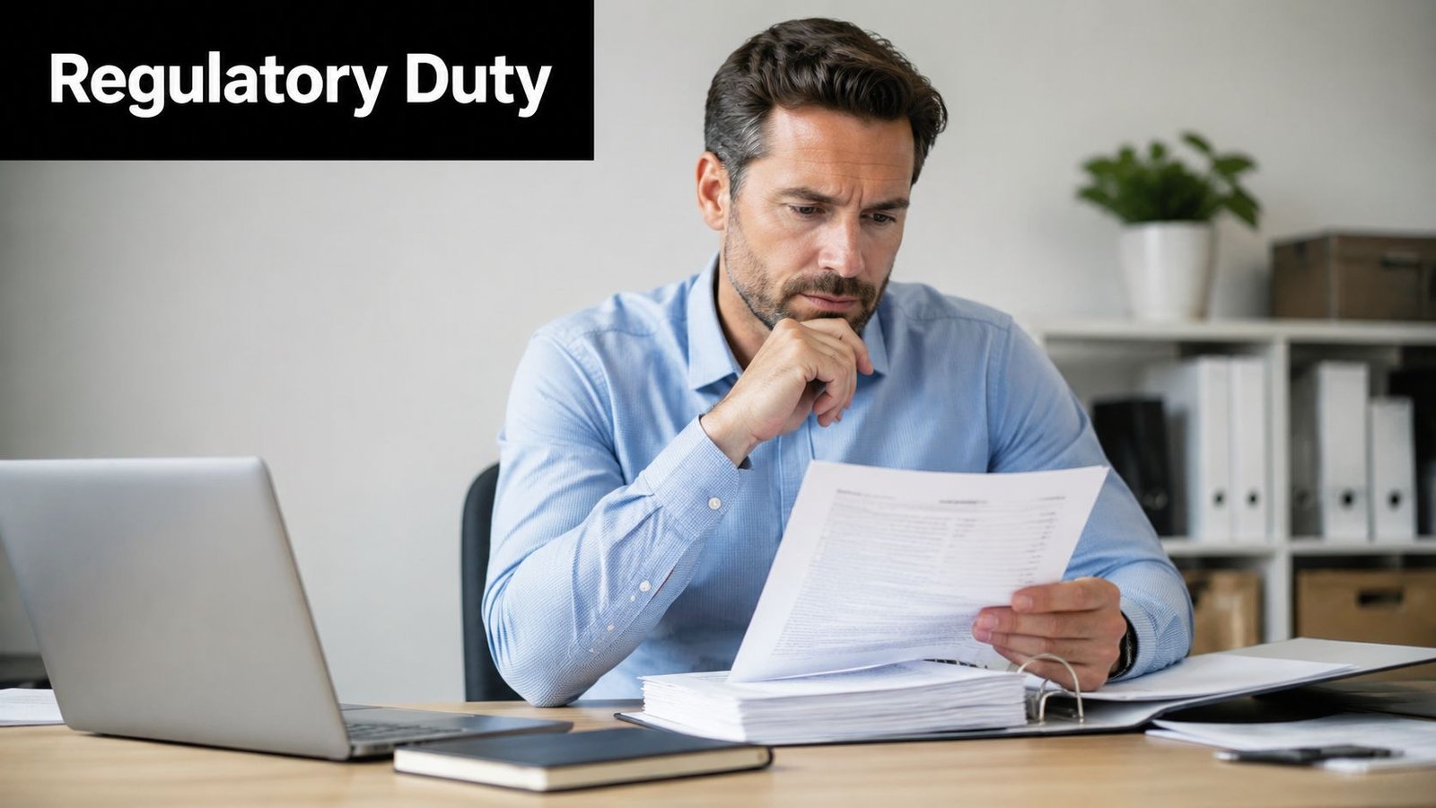 A professional man at a desk reviewing documents as part of business fire alarm systems compliance.