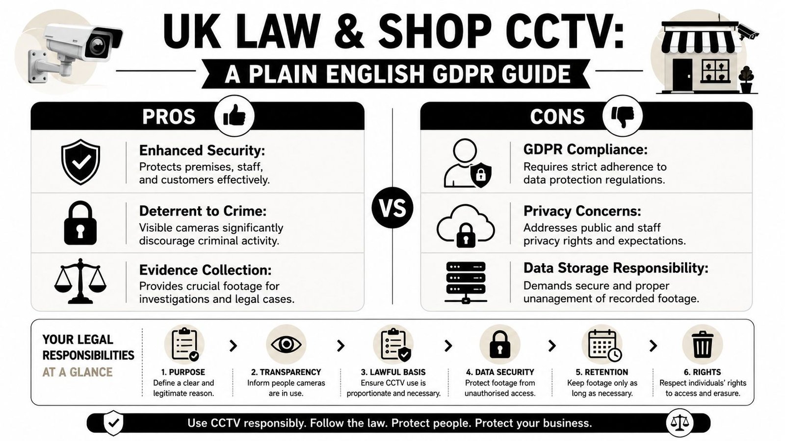 An infographic titled UK Law and Shop CCTV explaining pros, cons, and legal responsibilities for business owners.