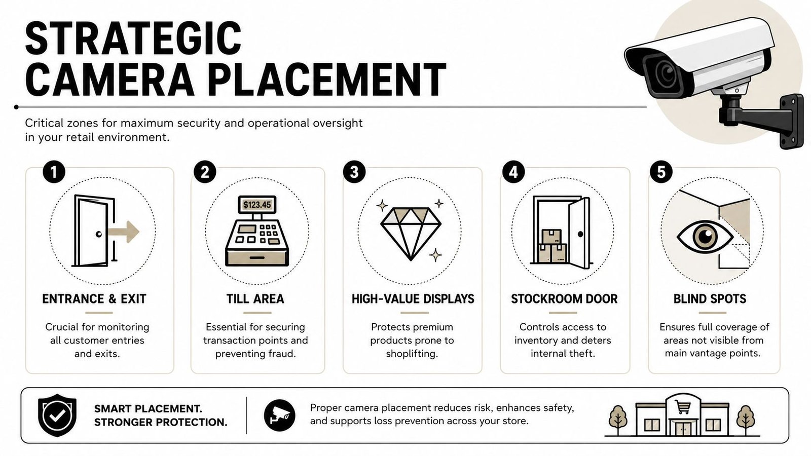 A strategic guide highlighting five essential locations for security camera placement in a retail store environment.